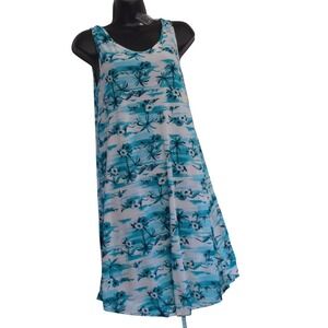 Isla Bonita Tropical Palm Tree Floral Sleeveless Summer Dress Turquoise White OS